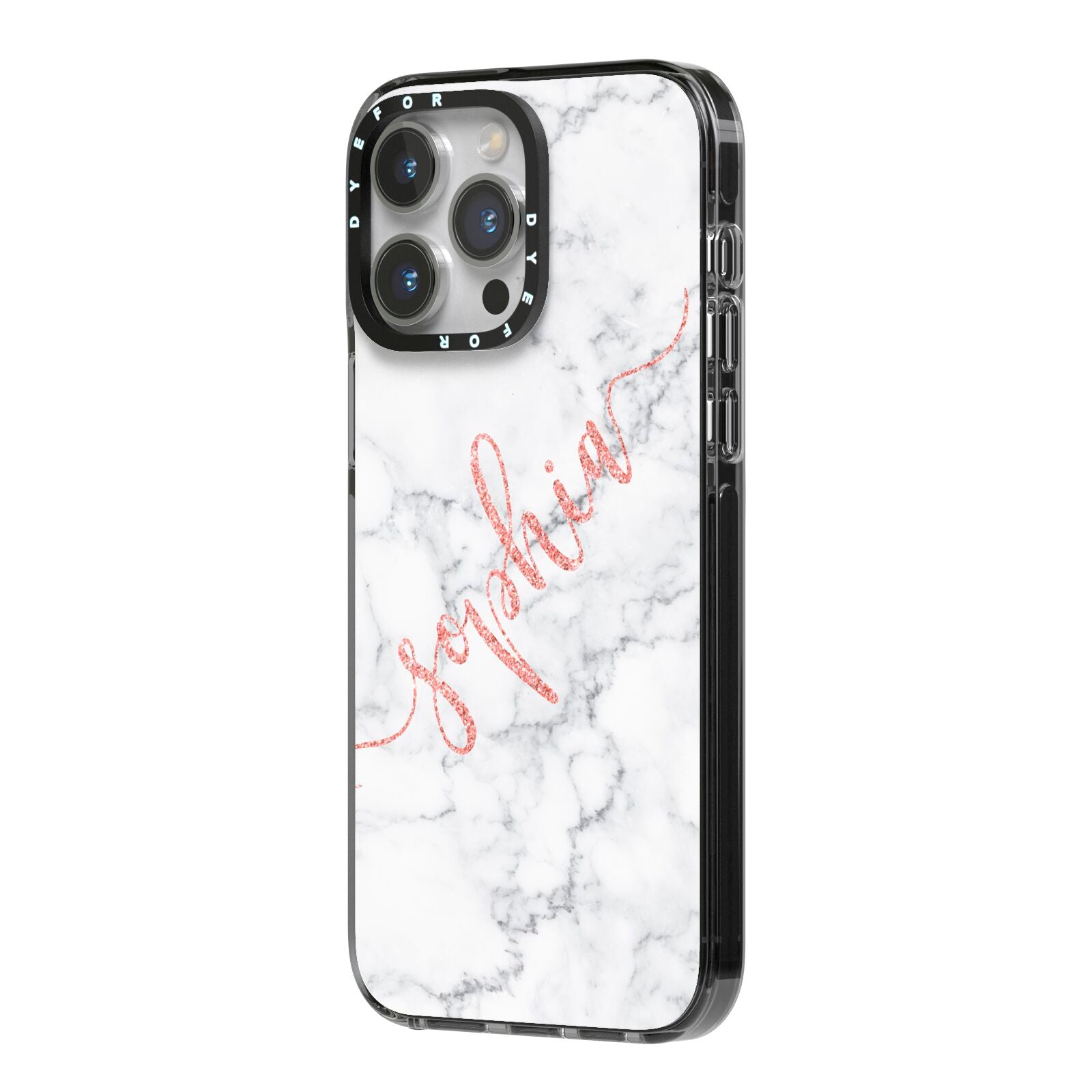 Personalised Marble with Pink Glitter Text iPhone 14 Pro Max Black Impact Case Side Angle on Silver phone