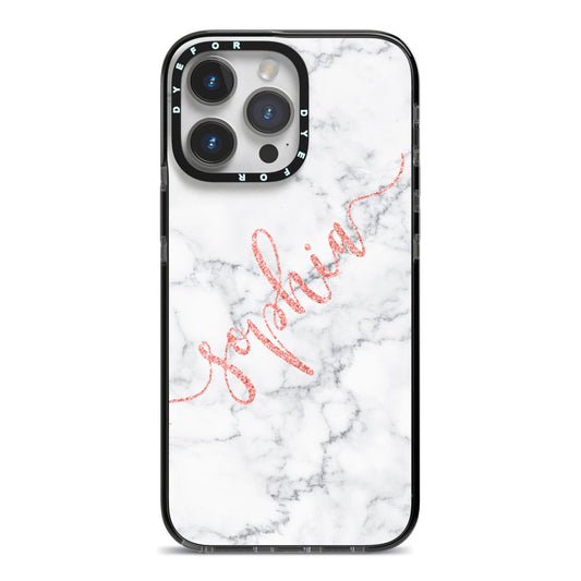 Personalised Marble with Pink Glitter Text iPhone 14 Pro Max Black Impact Case on Silver phone