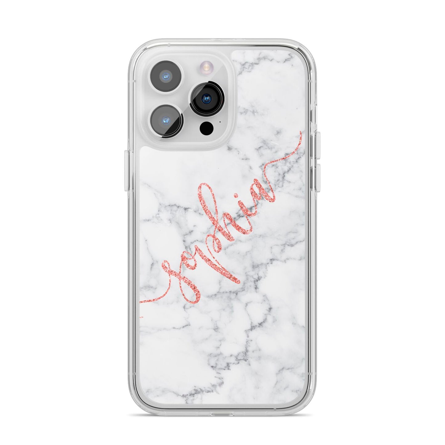 Personalised Marble with Pink Glitter Text iPhone 14 Pro Max Clear Tough Case Silver