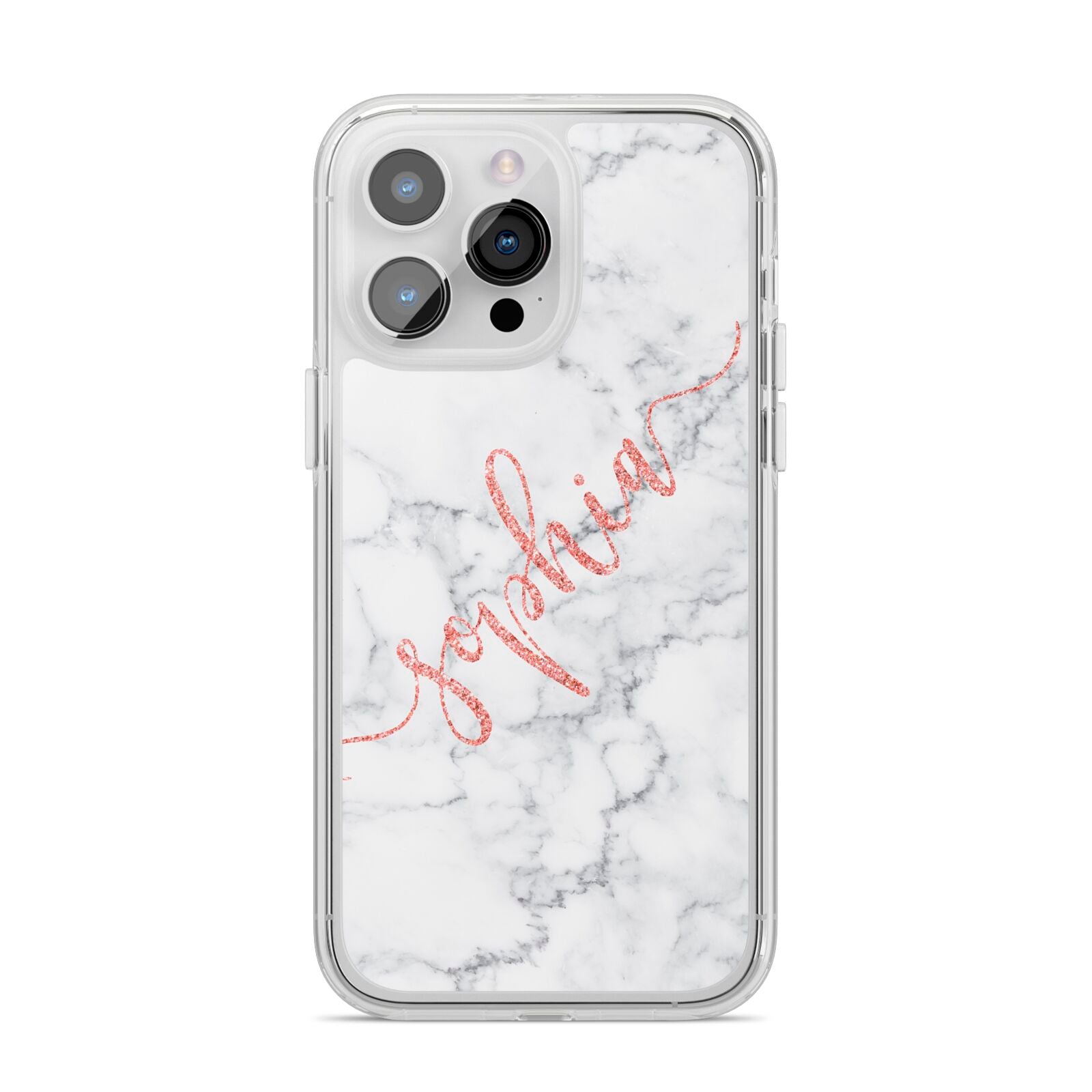 Personalised Marble with Pink Glitter Text iPhone 14 Pro Max Clear Tough Case Silver