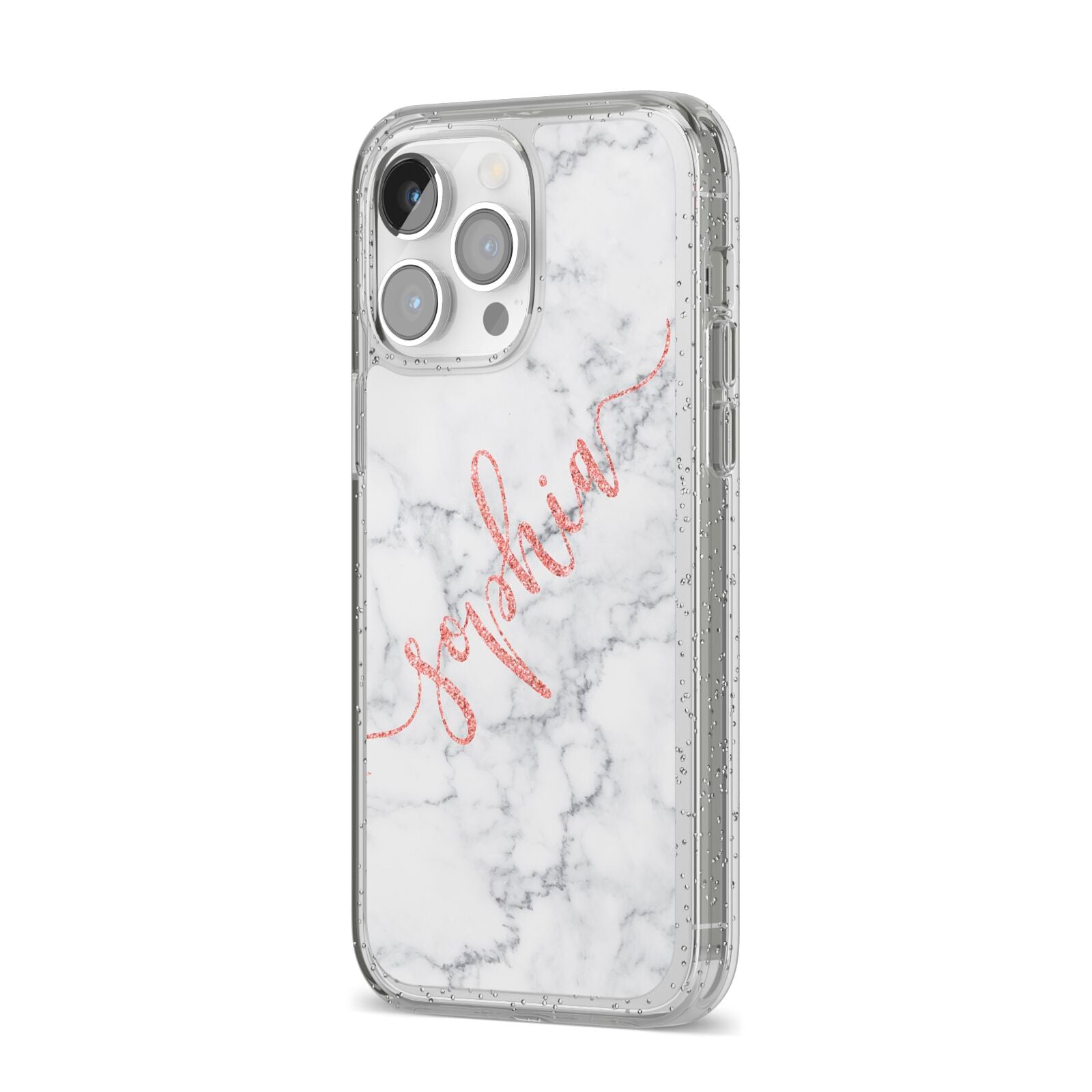 Personalised Marble with Pink Glitter Text iPhone 14 Pro Max Glitter Tough Case Silver Angled Image
