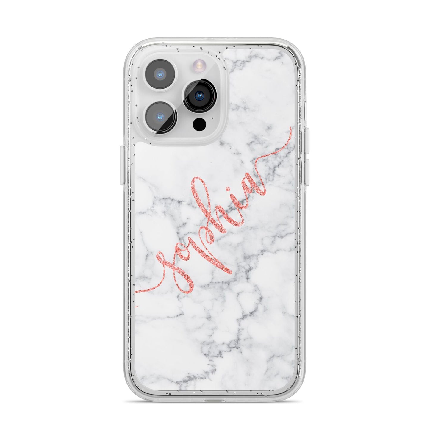 Personalised Marble with Pink Glitter Text iPhone 14 Pro Max Glitter Tough Case Silver