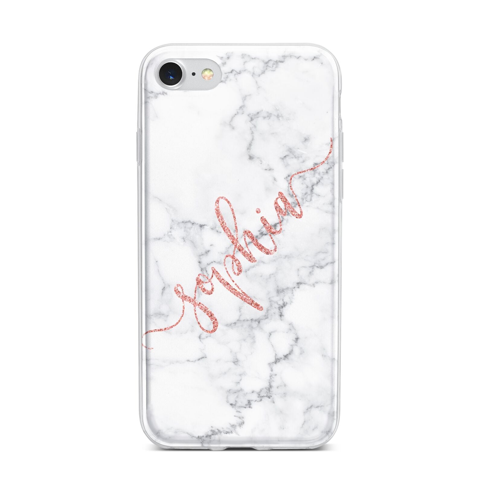 Personalised Marble with Pink Glitter Text iPhone 7 Bumper Case on Silver iPhone