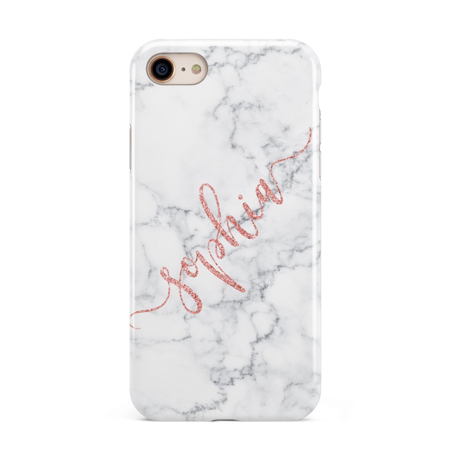 Personalised Marble with Pink Glitter Text iPhone 8 3D Tough Case on Gold Phone