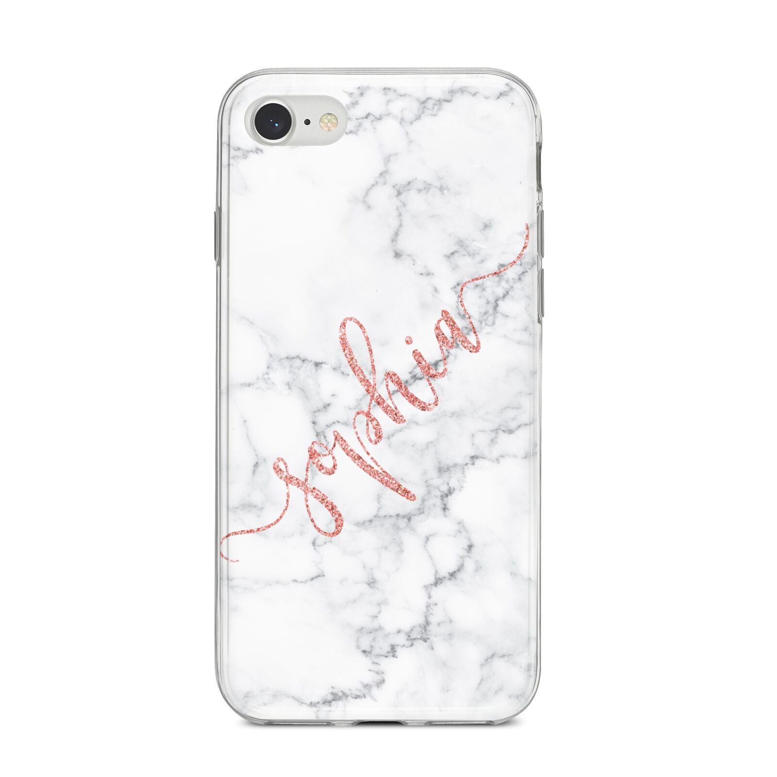 Personalised Marble with Pink Glitter Text iPhone 8 Bumper Case on Silver iPhone