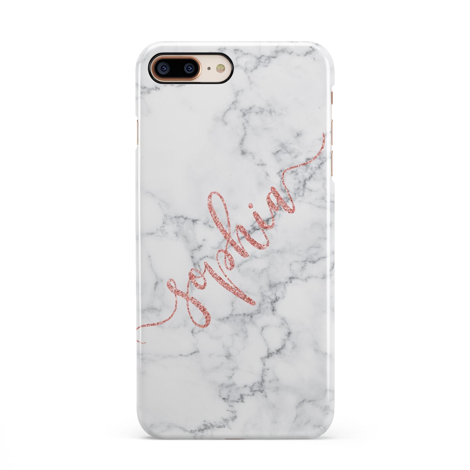 Personalised Marble with Pink Glitter Text iPhone 8 Plus 3D Snap Case on Gold Phone