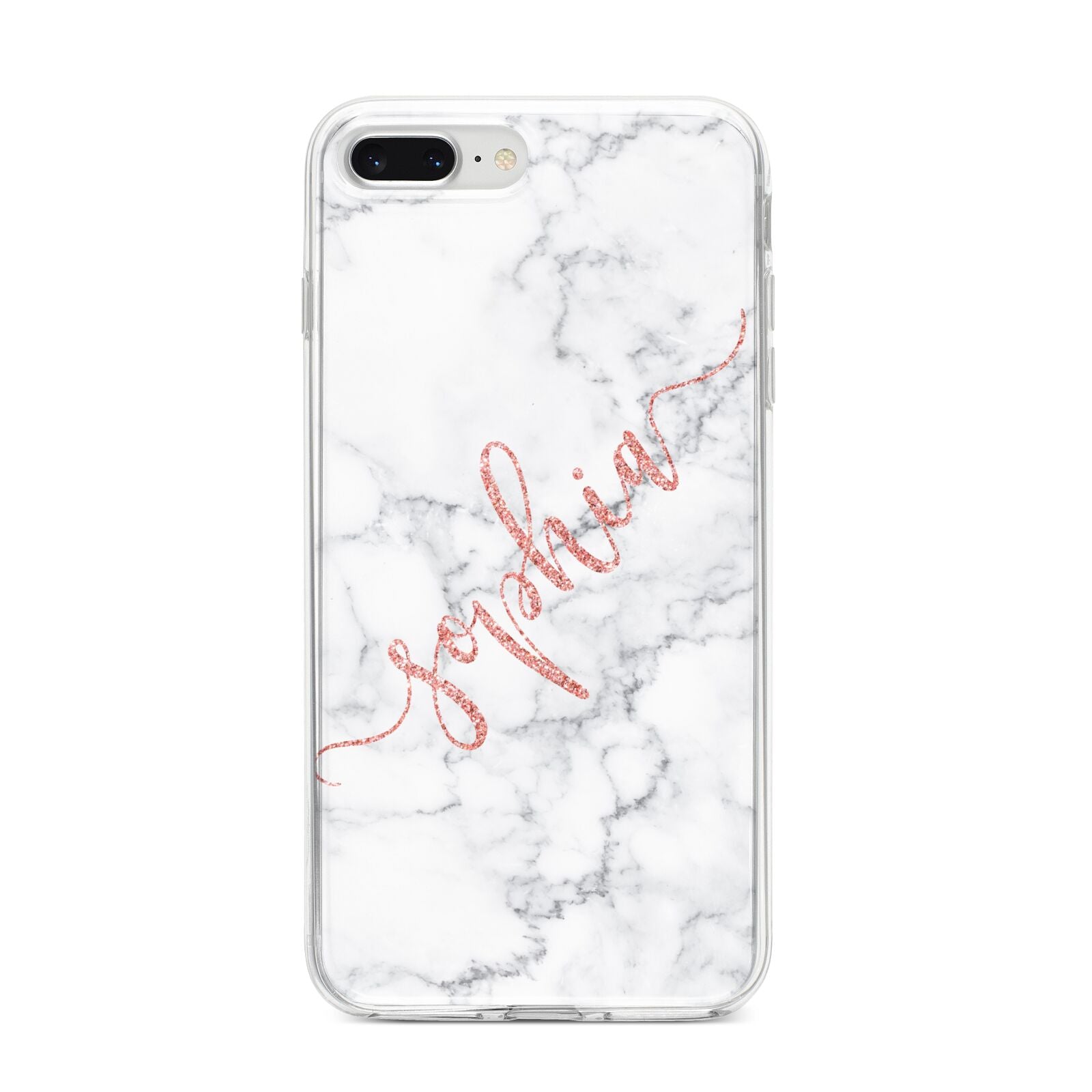 Personalised Marble with Pink Glitter Text iPhone 8 Plus Bumper Case on Silver iPhone
