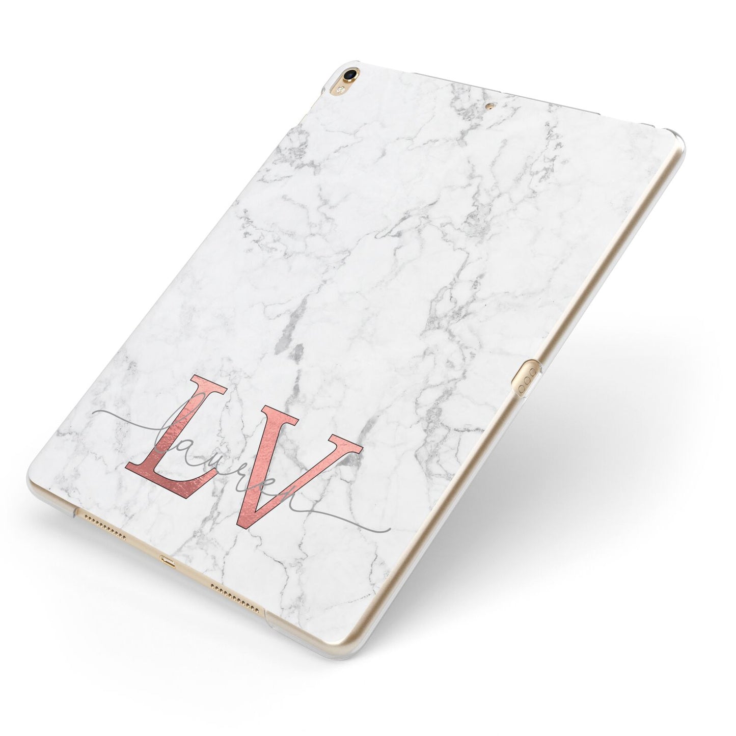 Personalised Marble with Rose Gold Initials Apple iPad Case on Gold iPad Side View
