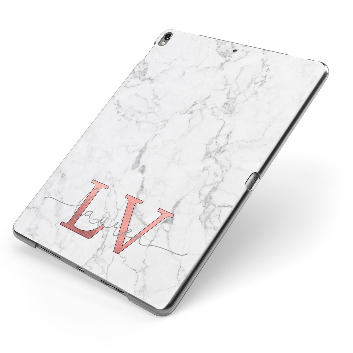 Personalised Marble with Rose Gold Initials Apple iPad Case on Grey iPad Side View