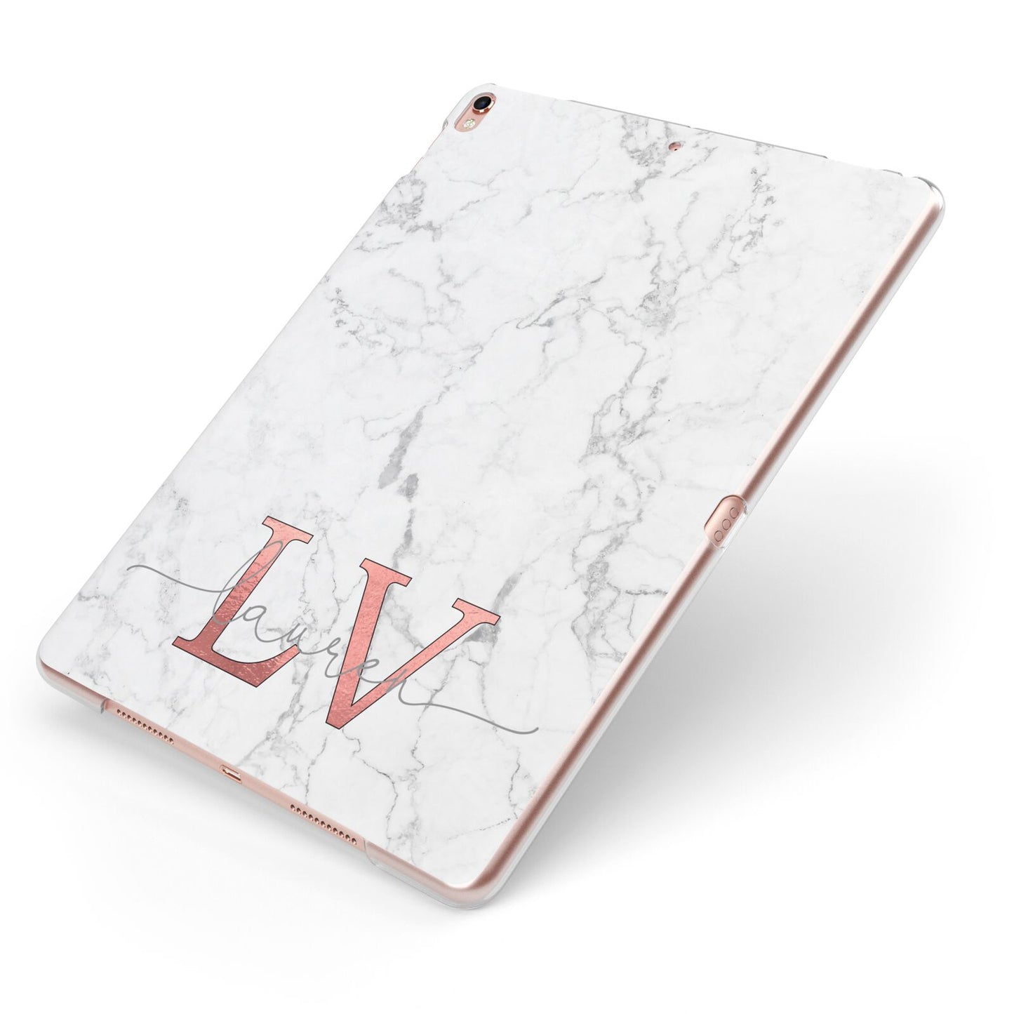Personalised Marble with Rose Gold Initials Apple iPad Case on Rose Gold iPad Side View