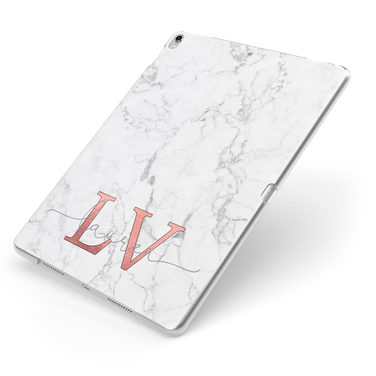 Personalised Marble with Rose Gold Initials Apple iPad Case on Silver iPad Side View