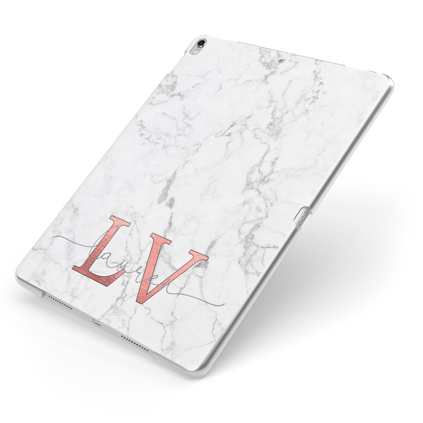 Personalised Marble with Rose Gold Initials Apple iPad Case on Silver iPad Side View
