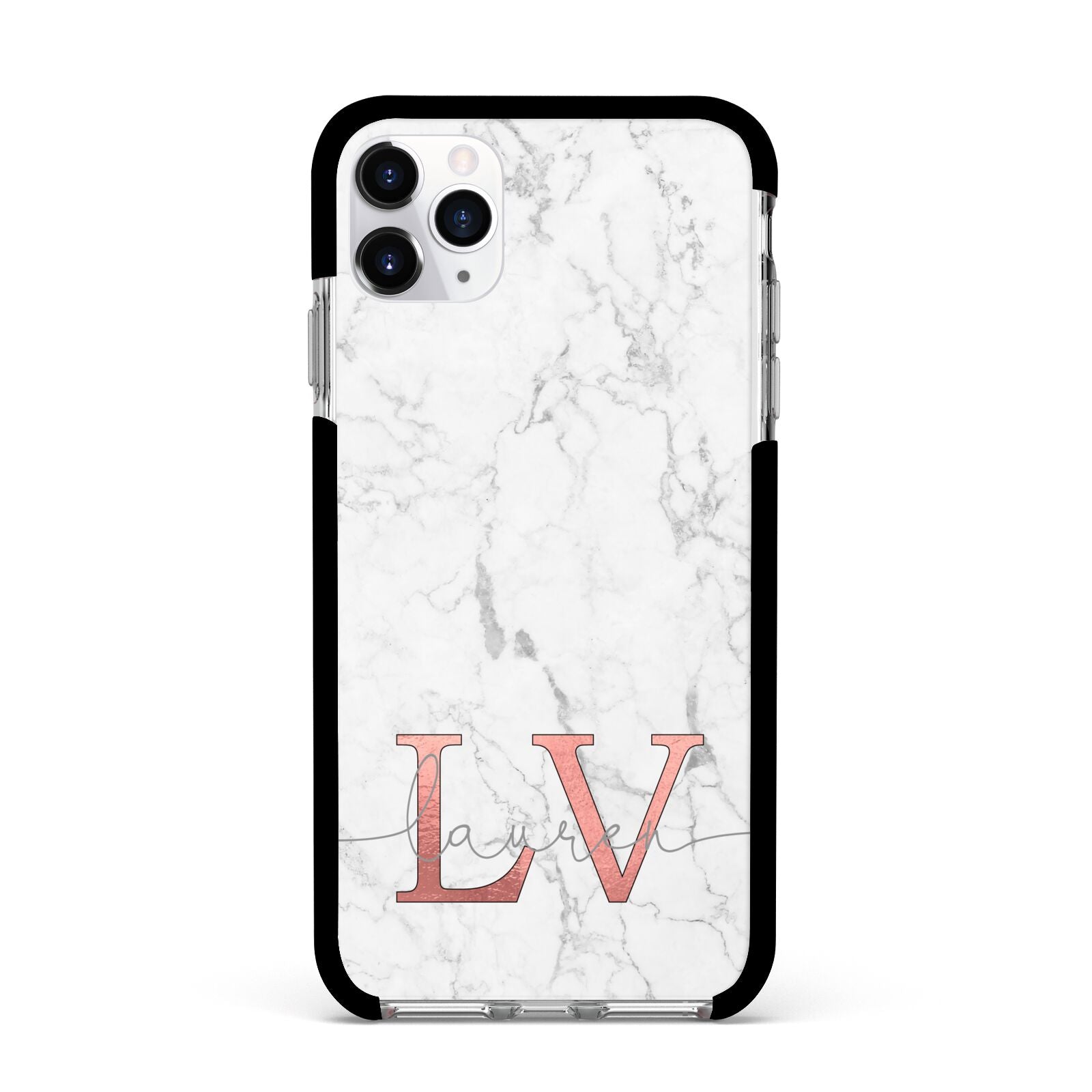 Personalised Marble with Rose Gold Initials Apple iPhone 11 Pro Max in Silver with Black Impact Case