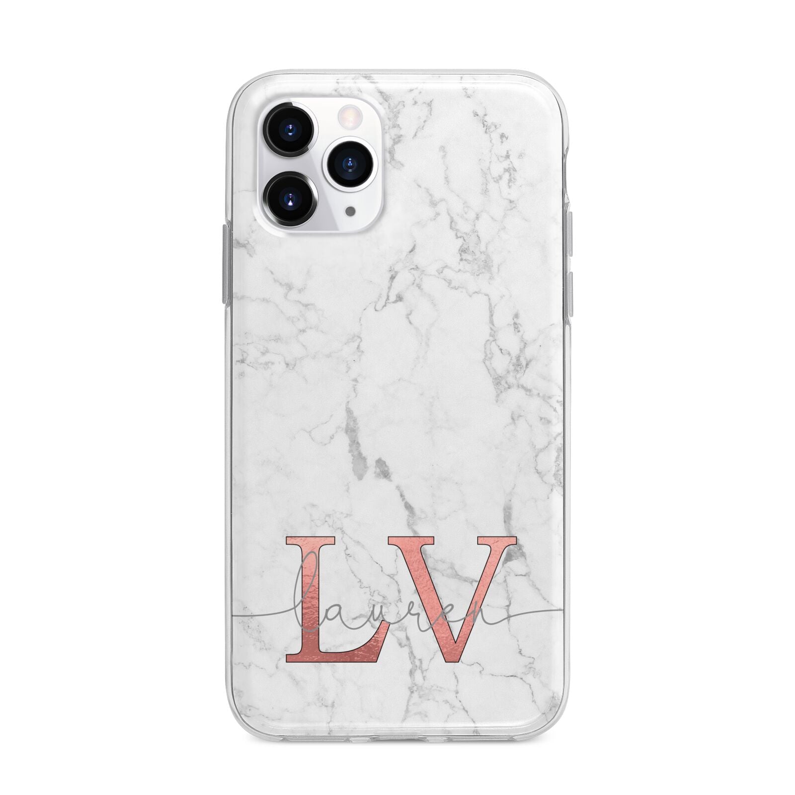 Personalised Marble with Rose Gold Initials Apple iPhone 11 Pro Max in Silver with Bumper Case
