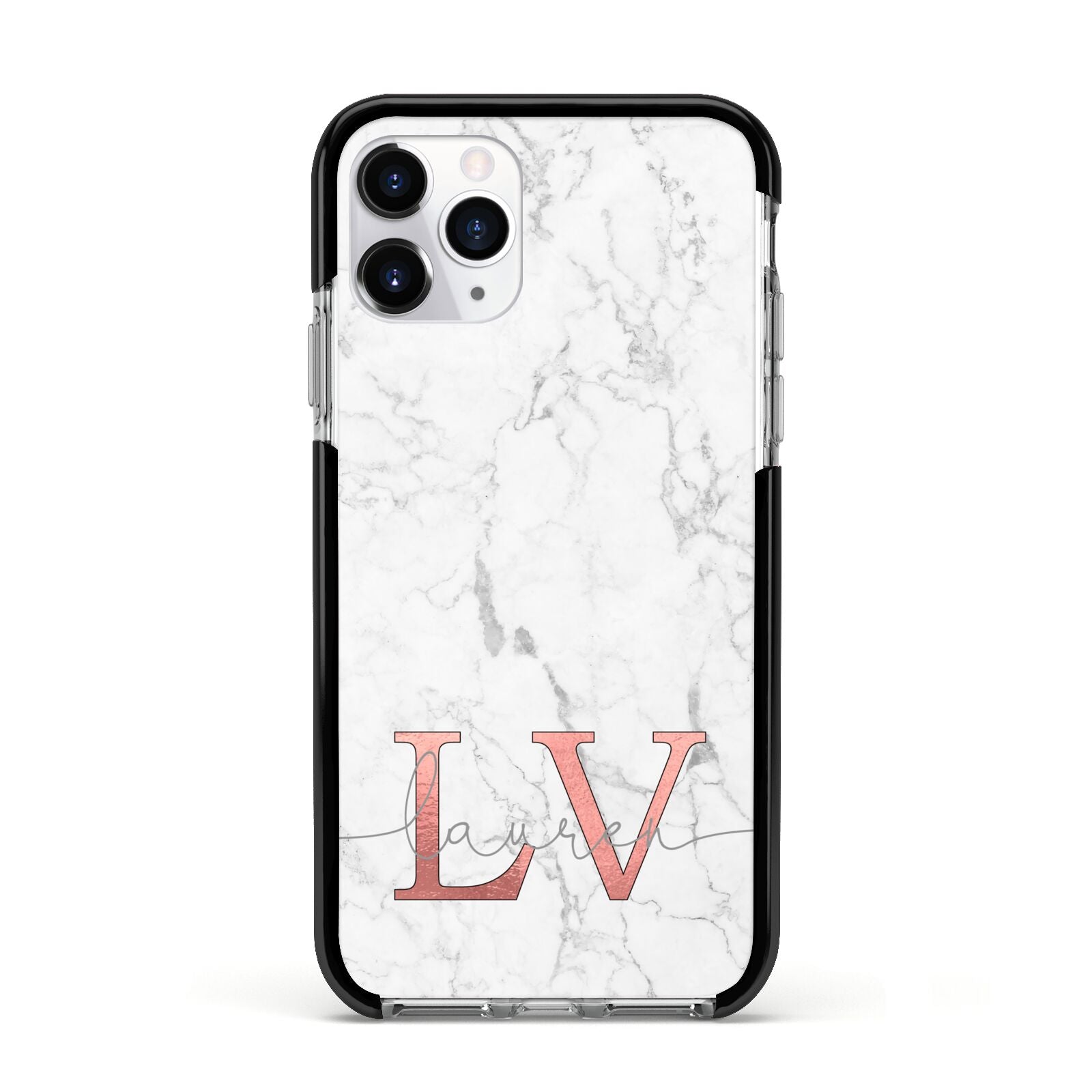 Personalised Marble with Rose Gold Initials Apple iPhone 11 Pro in Silver with Black Impact Case