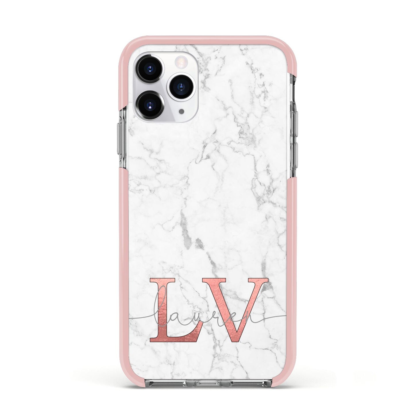 Personalised Marble with Rose Gold Initials Apple iPhone 11 Pro in Silver with Pink Impact Case
