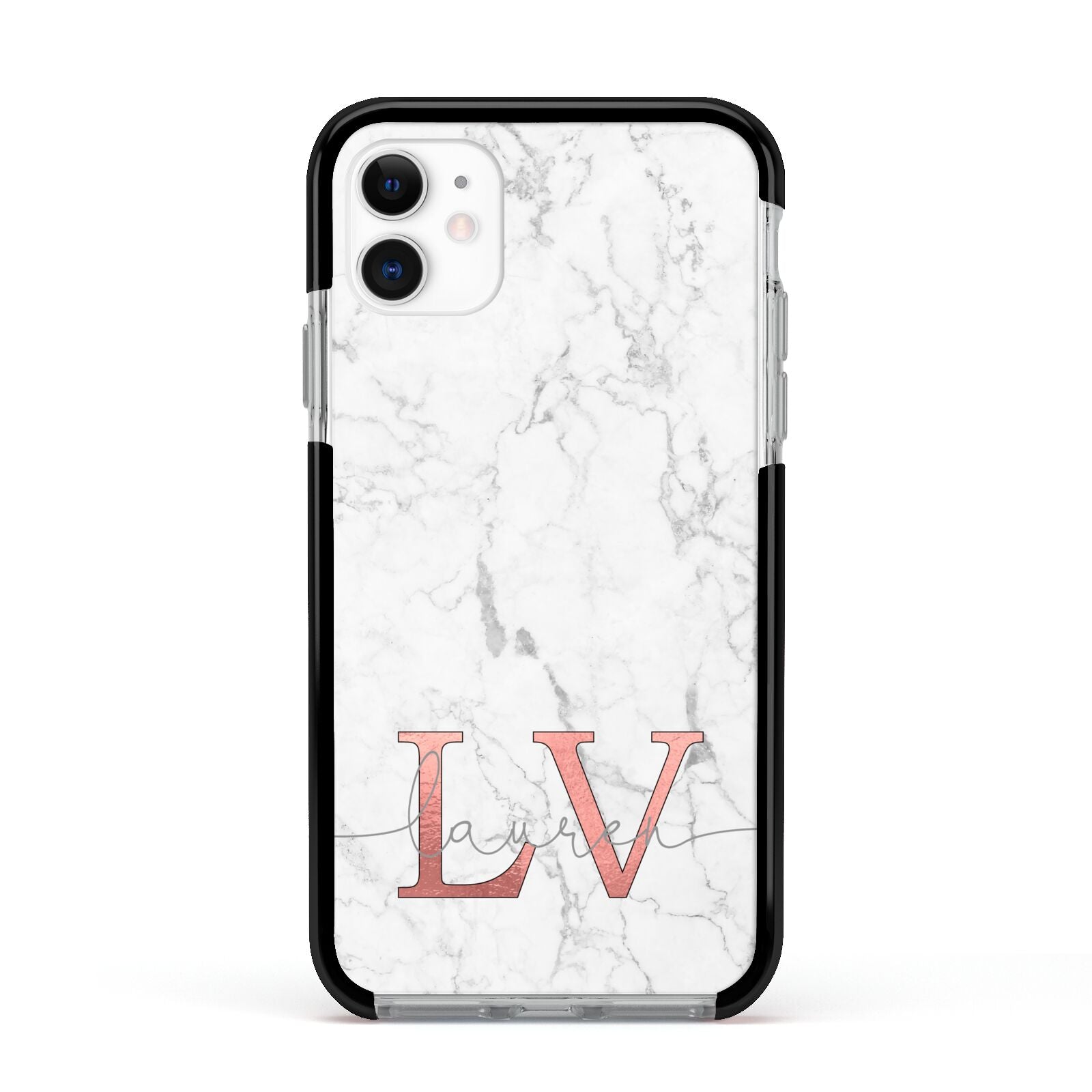 Personalised Marble with Rose Gold Initials Apple iPhone 11 in White with Black Impact Case