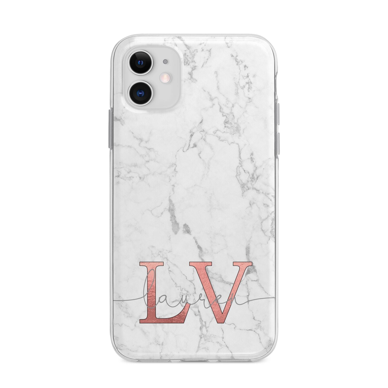 Personalised Marble with Rose Gold Initials Apple iPhone 11 in White with Bumper Case