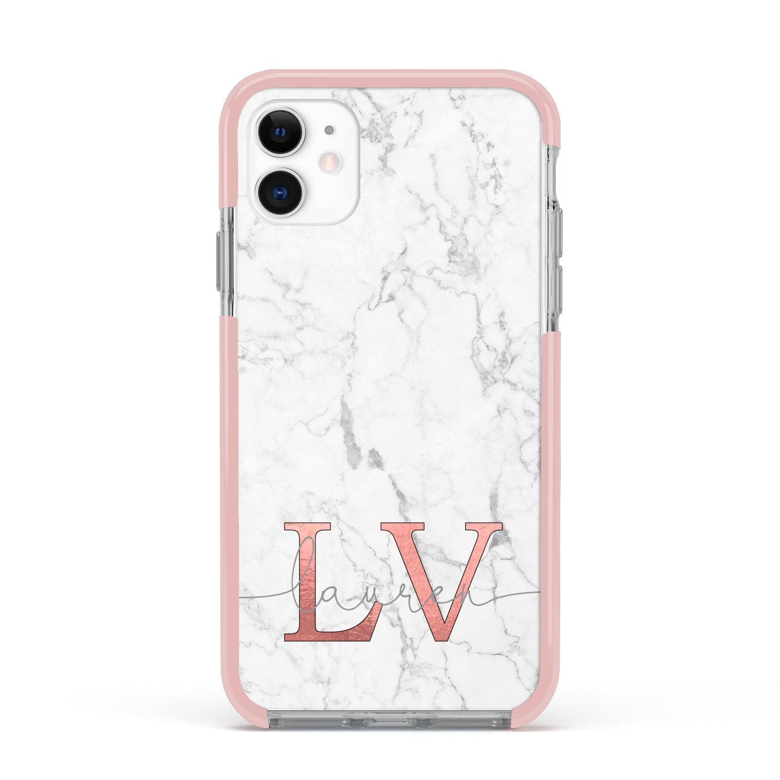 Personalised Marble with Rose Gold Initials Apple iPhone 11 in White with Pink Impact Case