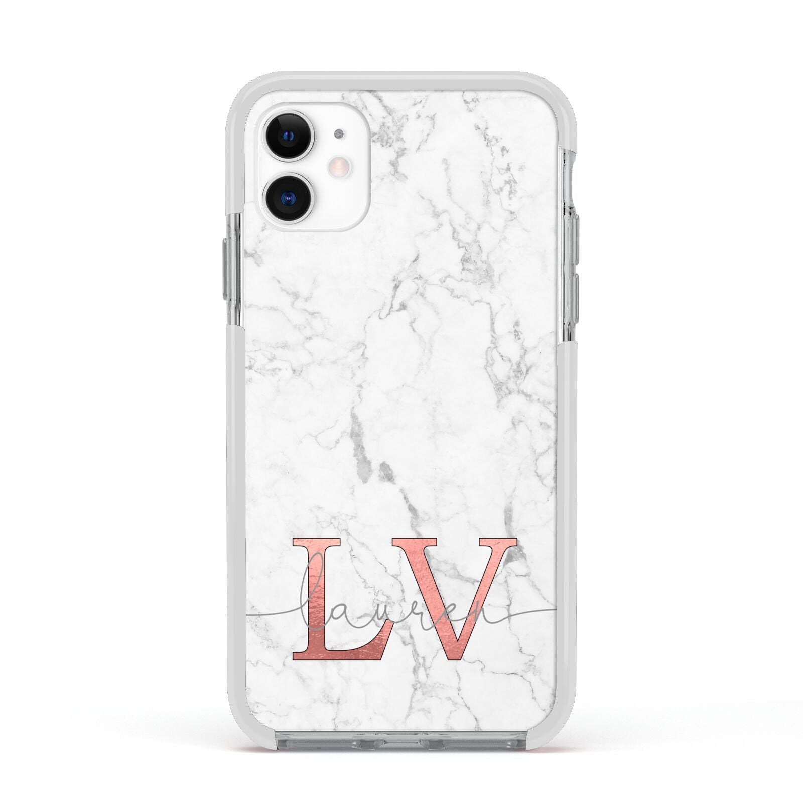Personalised Marble with Rose Gold Initials Apple iPhone 11 in White with White Impact Case