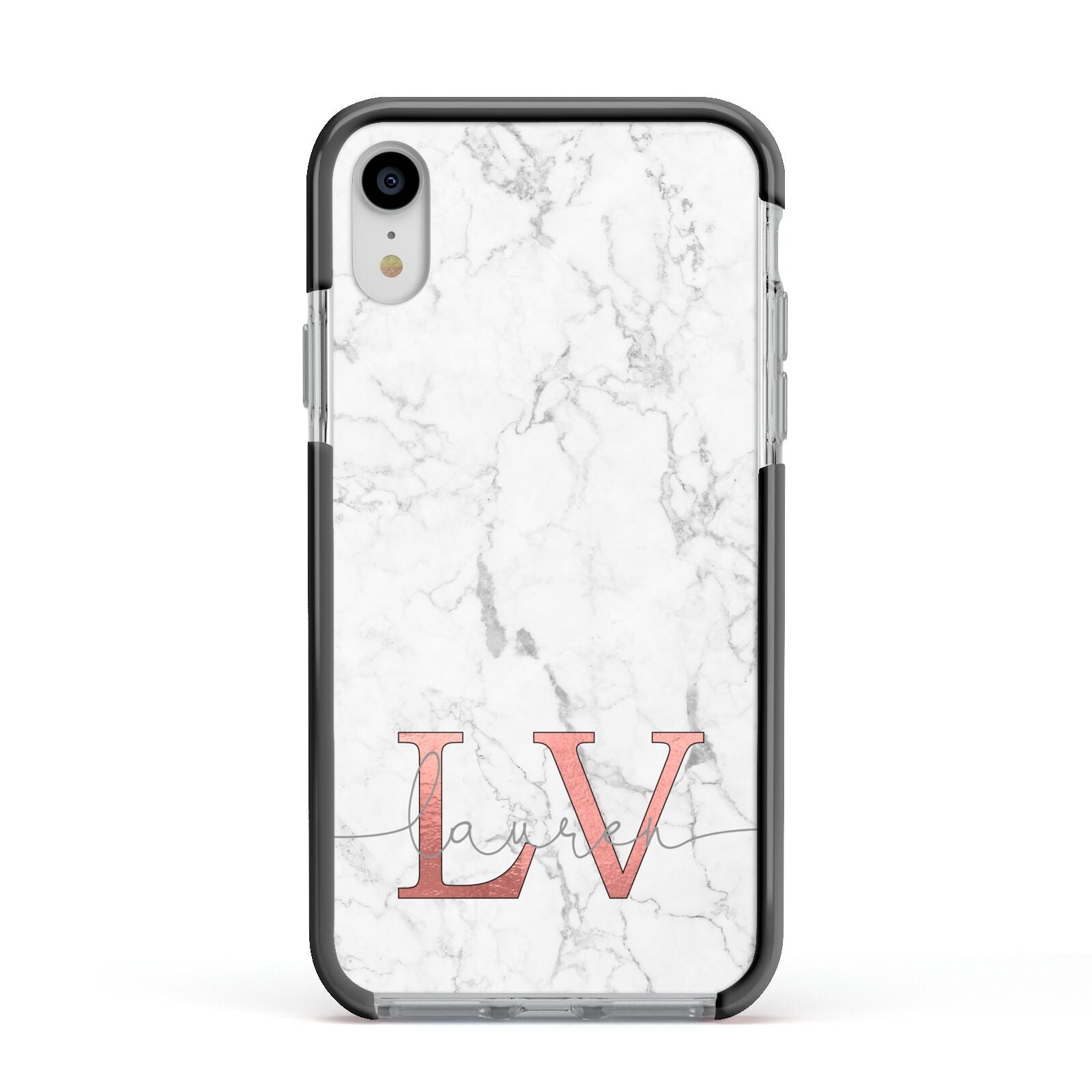 Personalised Marble with Rose Gold Initials Apple iPhone XR Impact Case Black Edge on Silver Phone