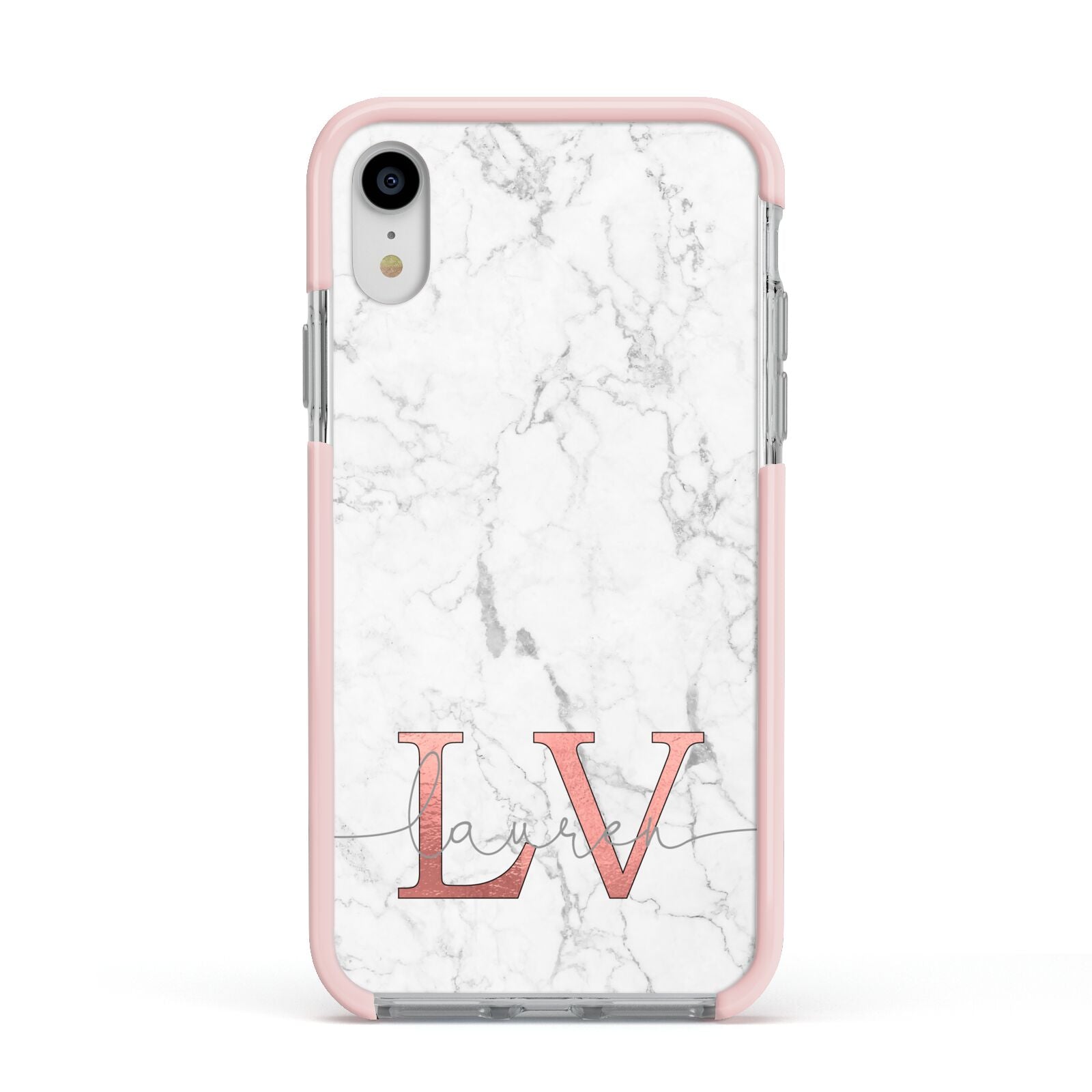 Personalised Marble with Rose Gold Initials Apple iPhone XR Impact Case Pink Edge on Silver Phone
