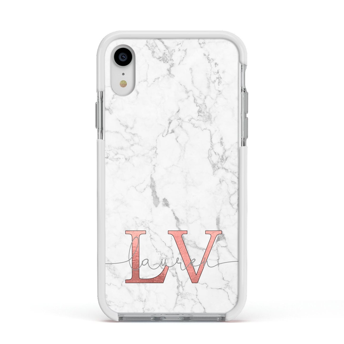Personalised Marble with Rose Gold Initials Apple iPhone XR Impact Case White Edge on Silver Phone