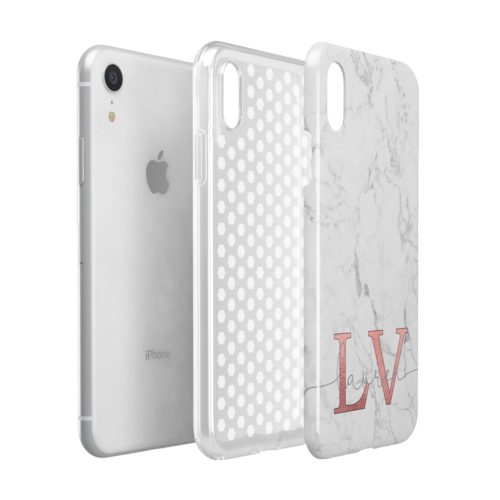 Personalised Marble with Rose Gold Initials Apple iPhone XR White 3D Tough Case Expanded view