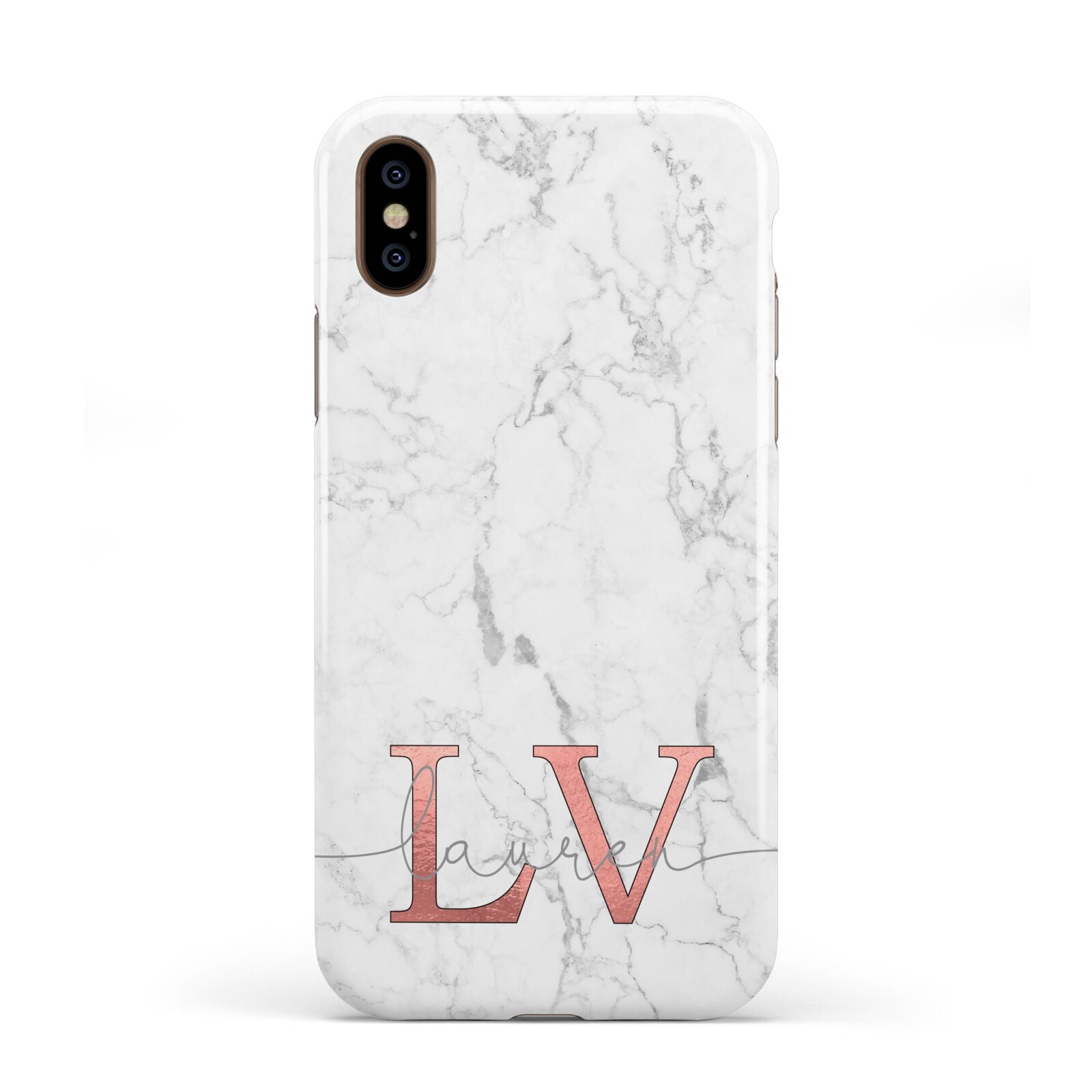 Personalised Marble with Rose Gold Initials Apple iPhone XS 3D Tough