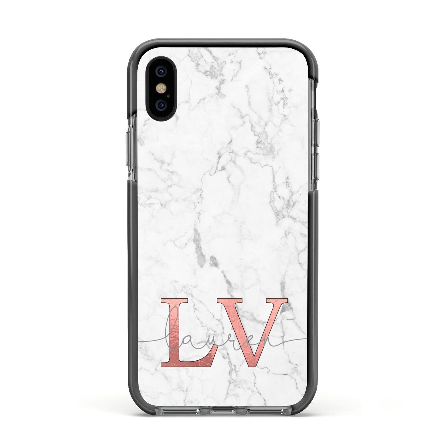 Personalised Marble with Rose Gold Initials Apple iPhone Xs Impact Case Black Edge on Black Phone