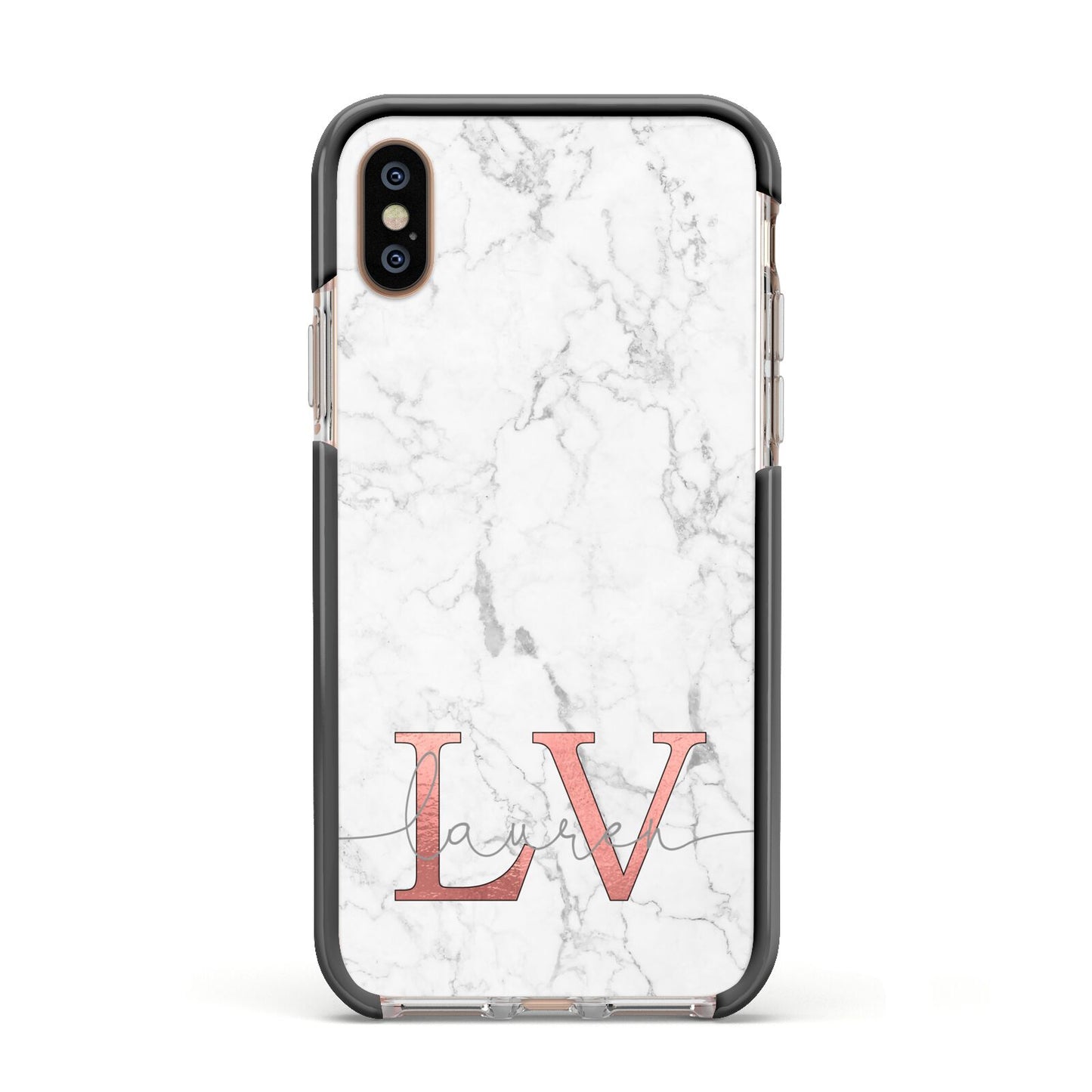 Personalised Marble with Rose Gold Initials Apple iPhone Xs Impact Case Black Edge on Gold Phone