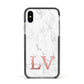 Personalised Marble with Rose Gold Initials Apple iPhone Xs Impact Case Black Edge on Silver Phone