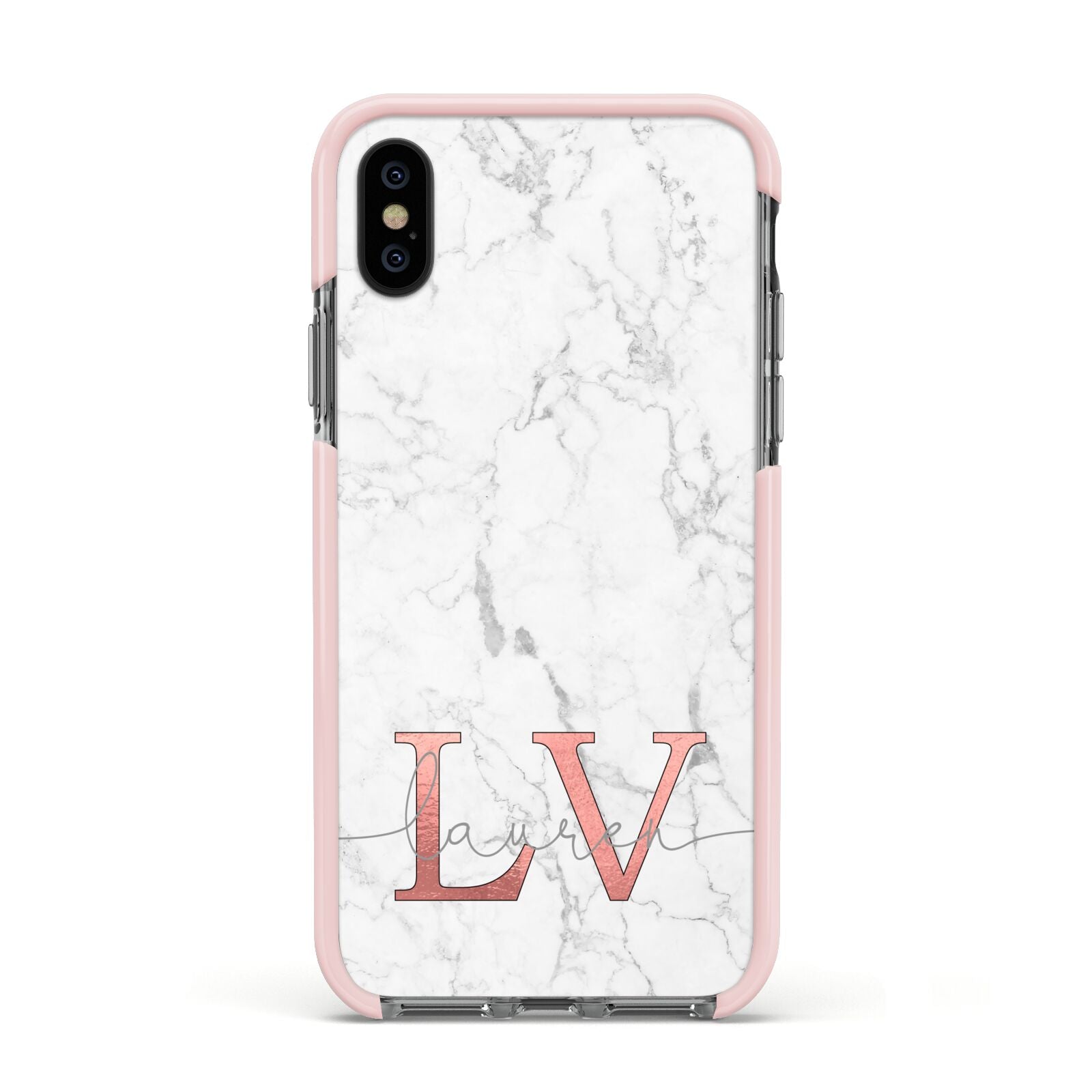 Personalised Marble with Rose Gold Initials Apple iPhone Xs Impact Case Pink Edge on Black Phone