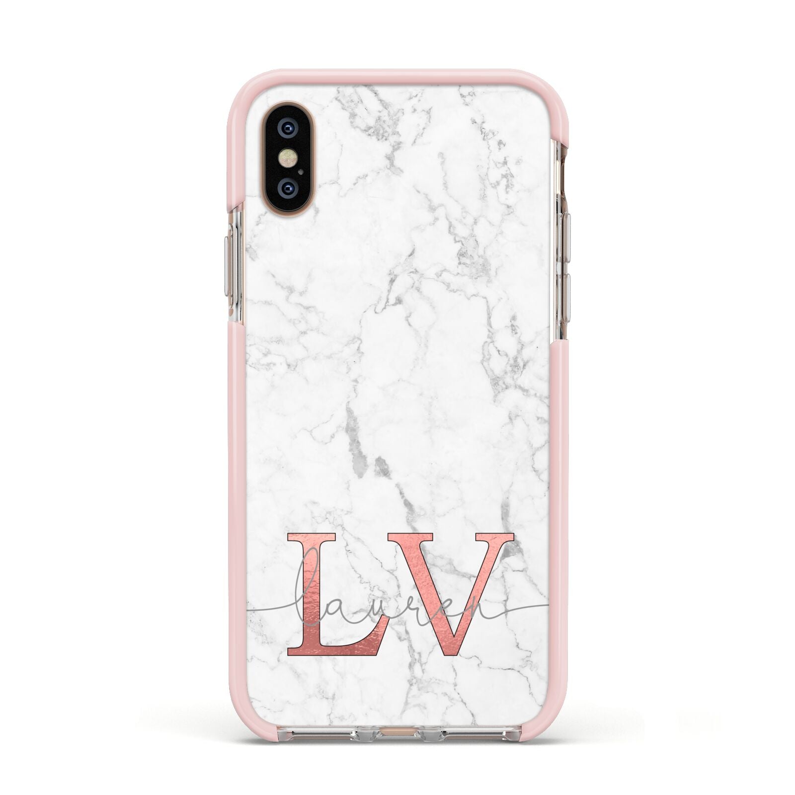 Personalised Marble with Rose Gold Initials Apple iPhone Xs Impact Case Pink Edge on Gold Phone
