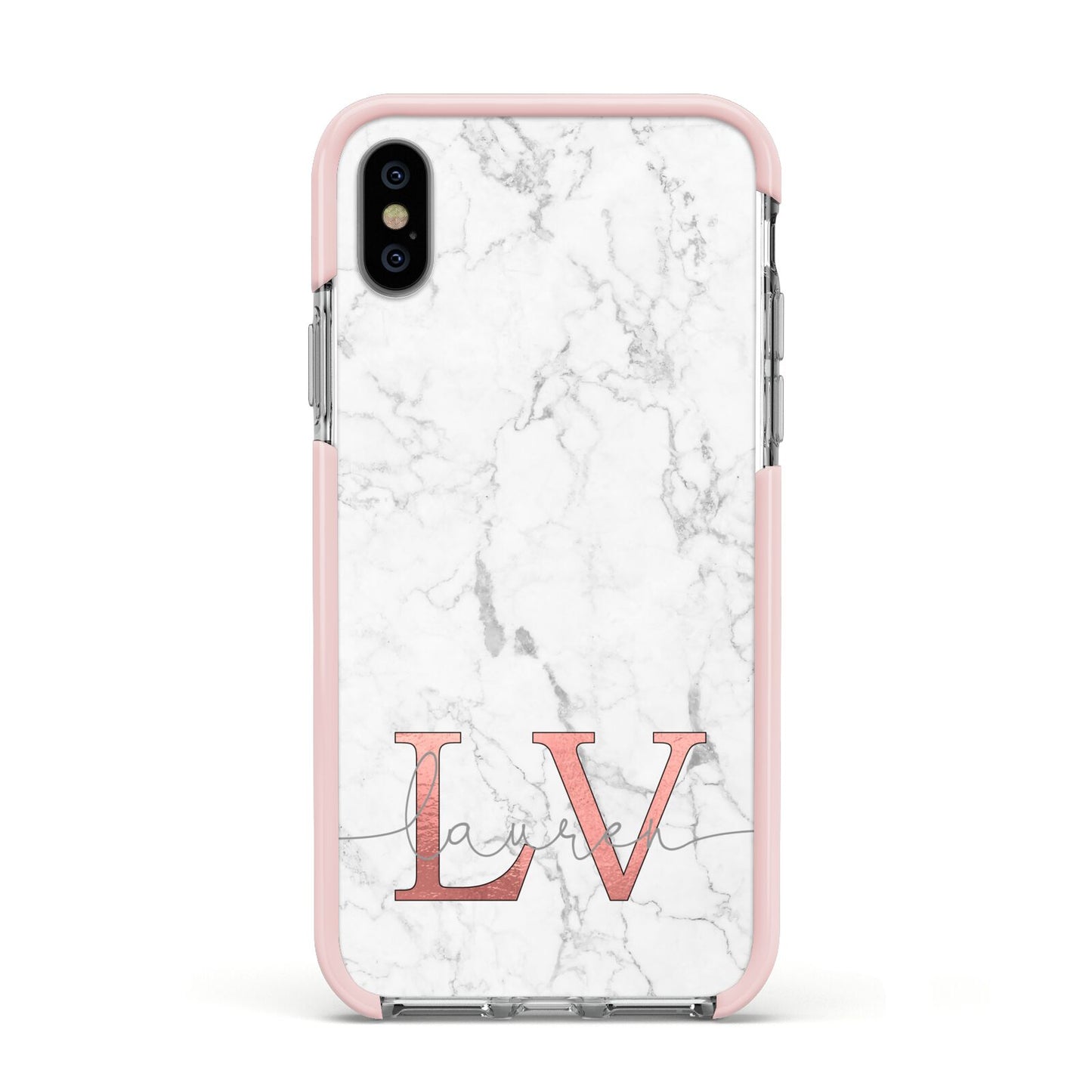 Personalised Marble with Rose Gold Initials Apple iPhone Xs Impact Case Pink Edge on Silver Phone