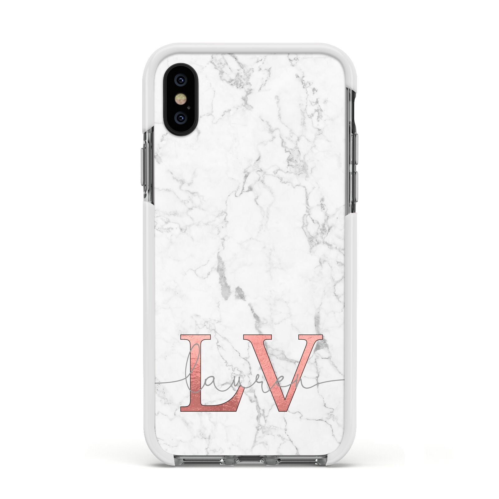 Personalised Marble with Rose Gold Initials Apple iPhone Xs Impact Case White Edge on Black Phone