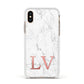 Personalised Marble with Rose Gold Initials Apple iPhone Xs Impact Case White Edge on Gold Phone