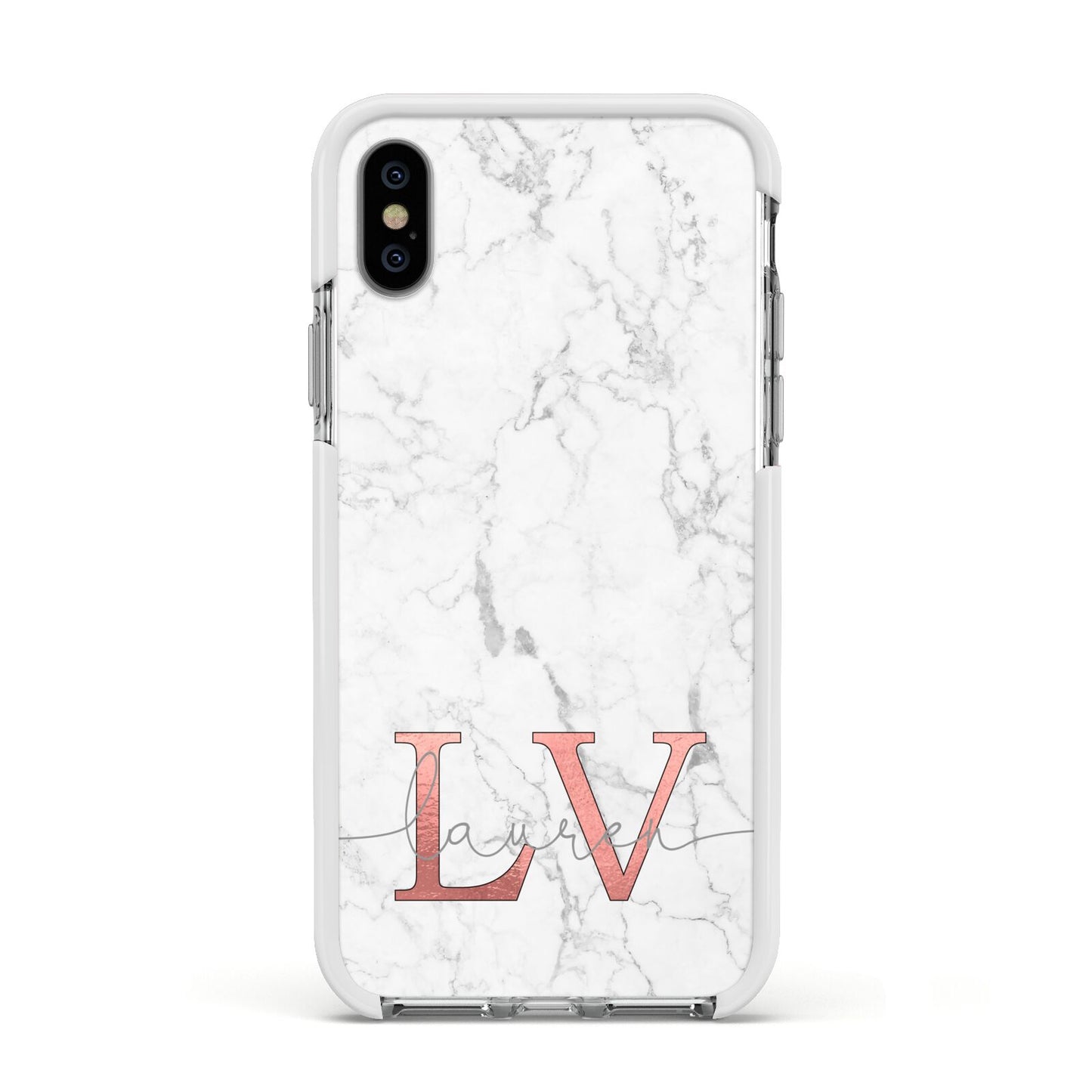 Personalised Marble with Rose Gold Initials Apple iPhone Xs Impact Case White Edge on Silver Phone