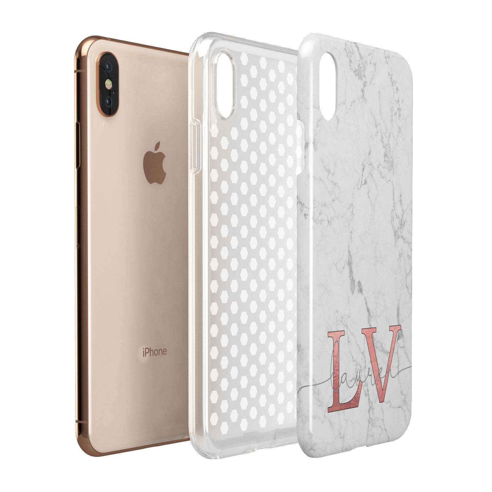 Personalised Marble with Rose Gold Initials Apple iPhone Xs Max 3D Tough Case Expanded View