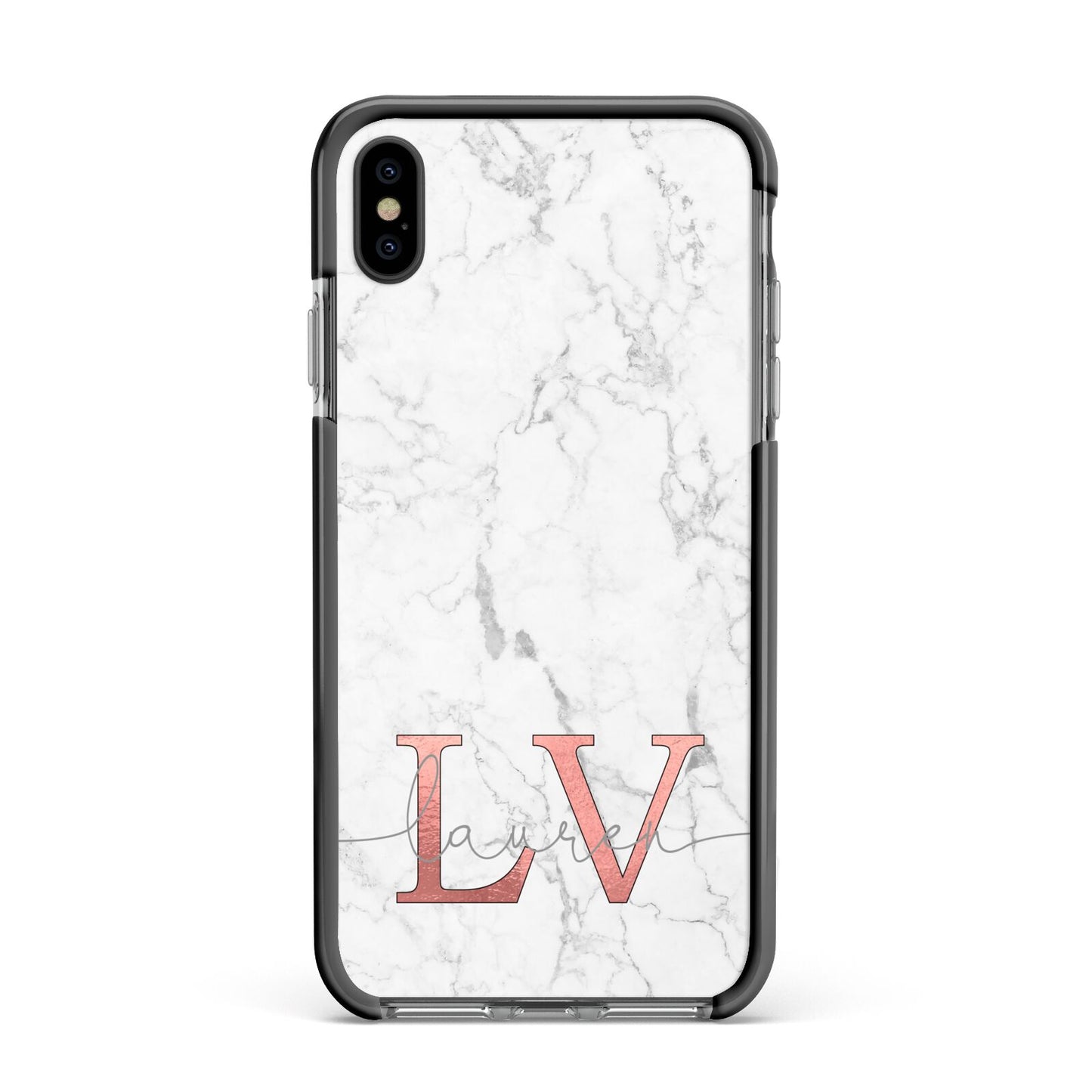 Personalised Marble with Rose Gold Initials Apple iPhone Xs Max Impact Case Black Edge on Black Phone