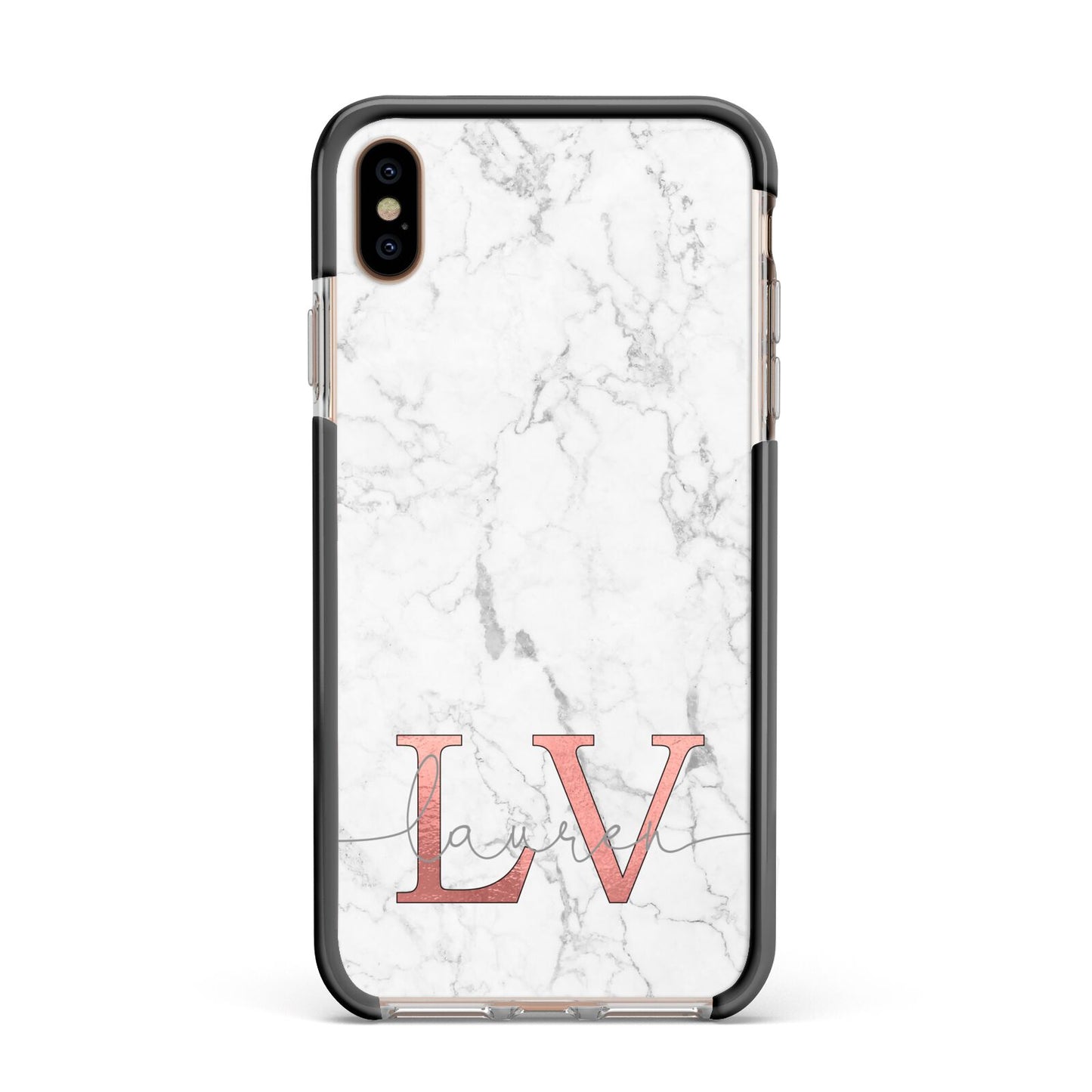 Personalised Marble with Rose Gold Initials Apple iPhone Xs Max Impact Case Black Edge on Gold Phone