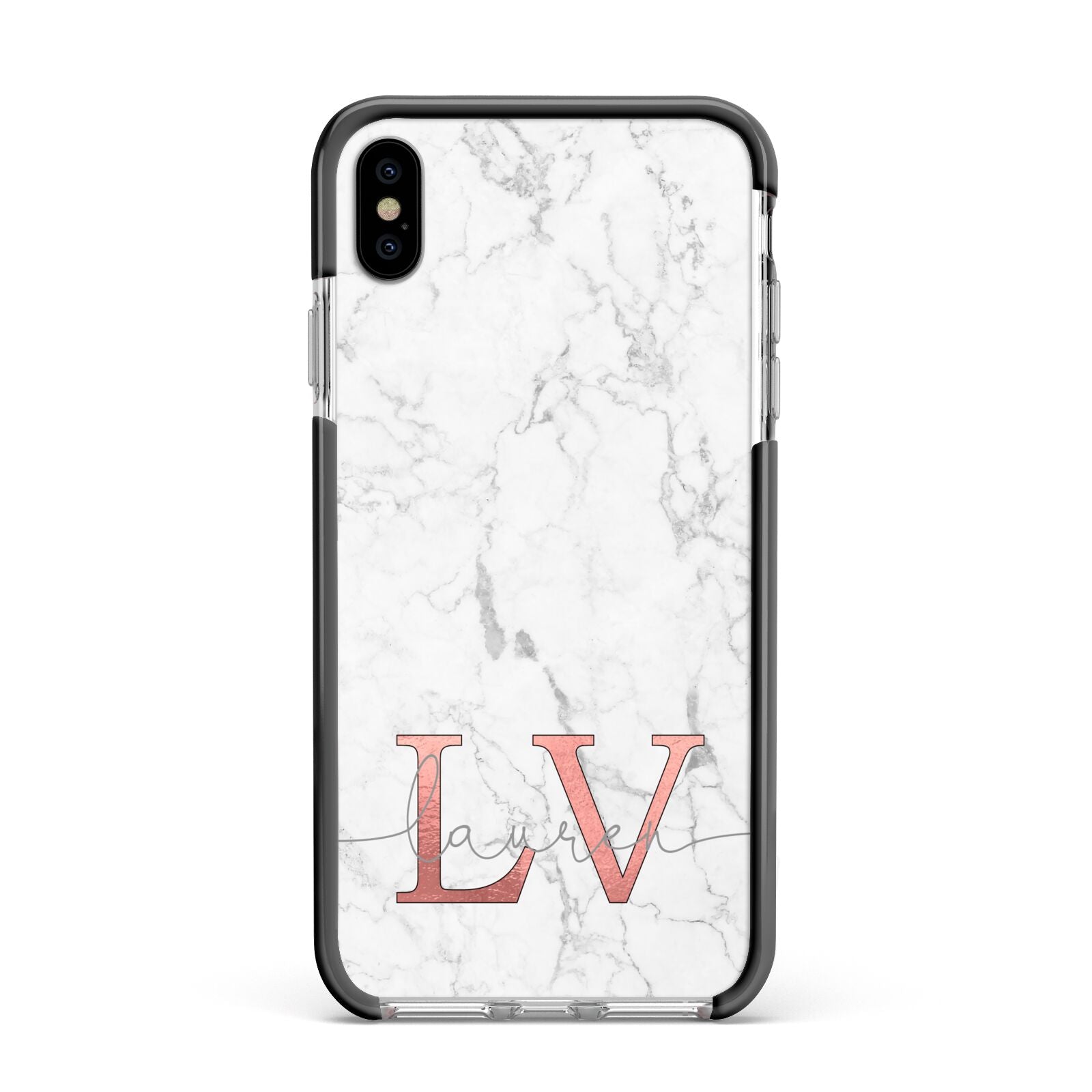 Personalised Marble with Rose Gold Initials Apple iPhone Xs Max Impact Case Black Edge on Silver Phone