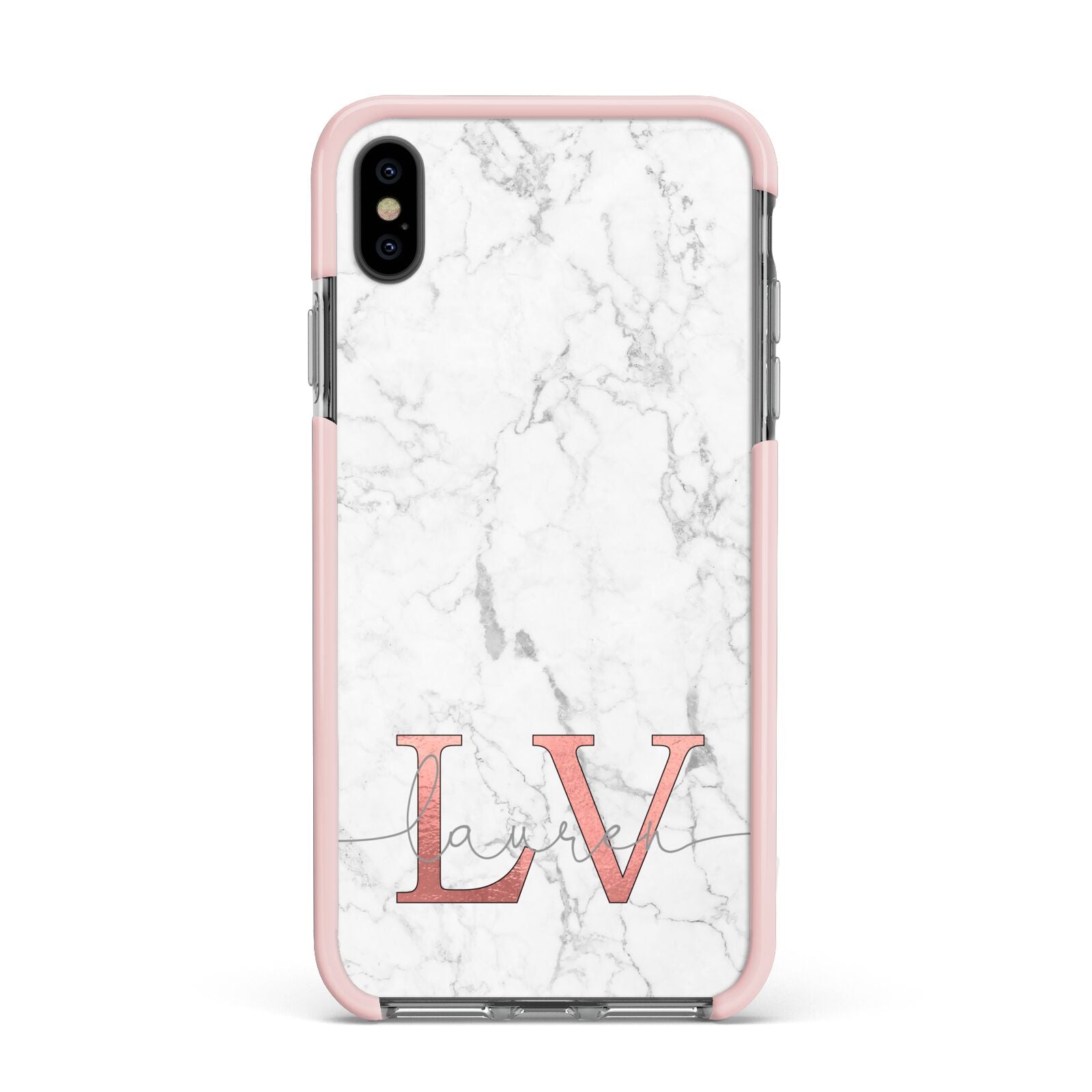 Personalised Marble with Rose Gold Initials Apple iPhone Xs Max Impact Case Pink Edge on Black Phone