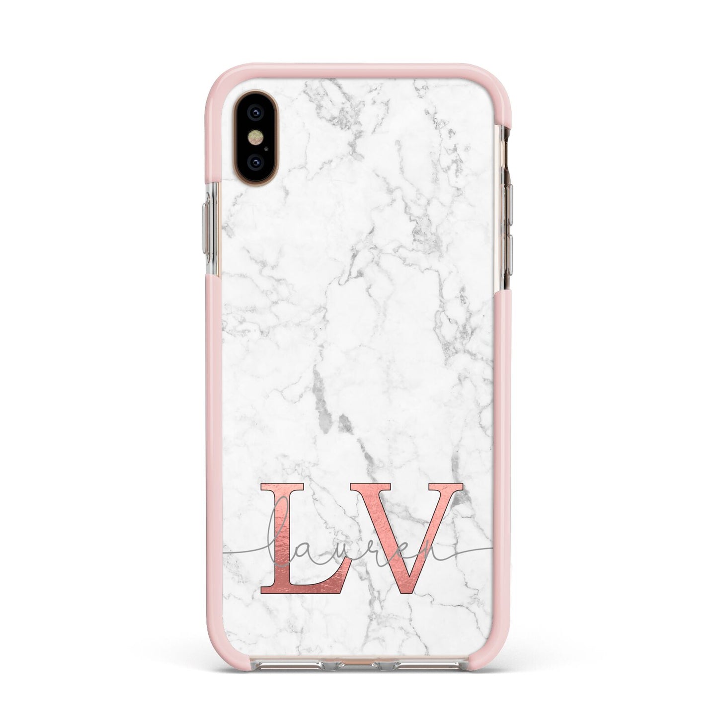 Personalised Marble with Rose Gold Initials Apple iPhone Xs Max Impact Case Pink Edge on Gold Phone