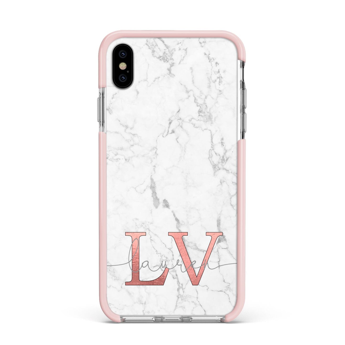 Personalised Marble with Rose Gold Initials Apple iPhone Xs Max Impact Case Pink Edge on Silver Phone