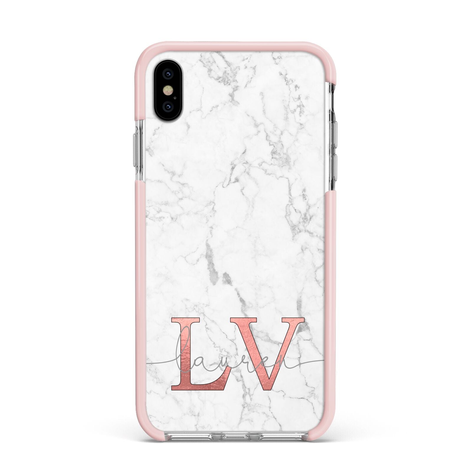 Personalised Marble with Rose Gold Initials Apple iPhone Xs Max Impact Case Pink Edge on Silver Phone