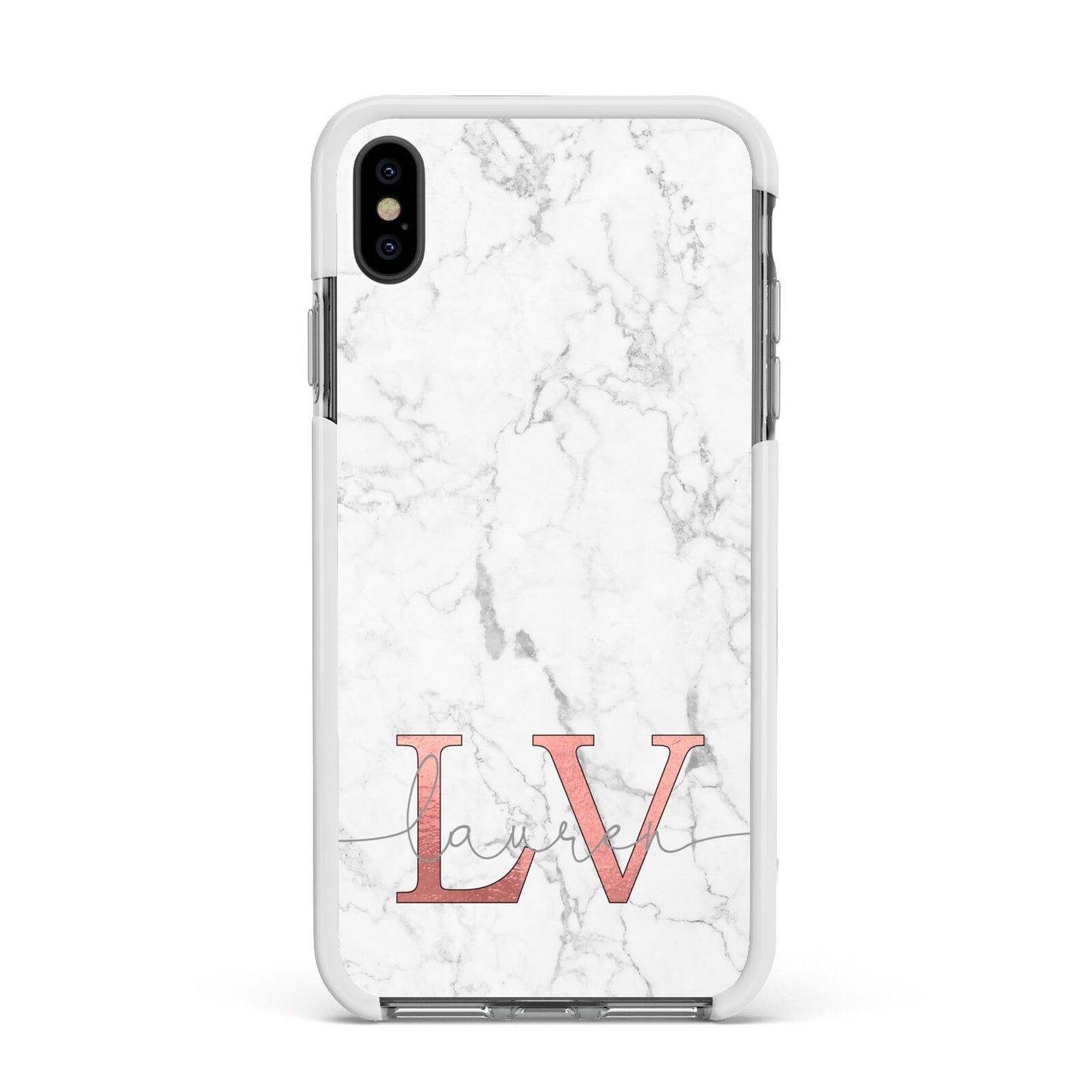 Personalised Marble with Rose Gold Initials Apple iPhone Xs Max Impact Case White Edge on Black Phone