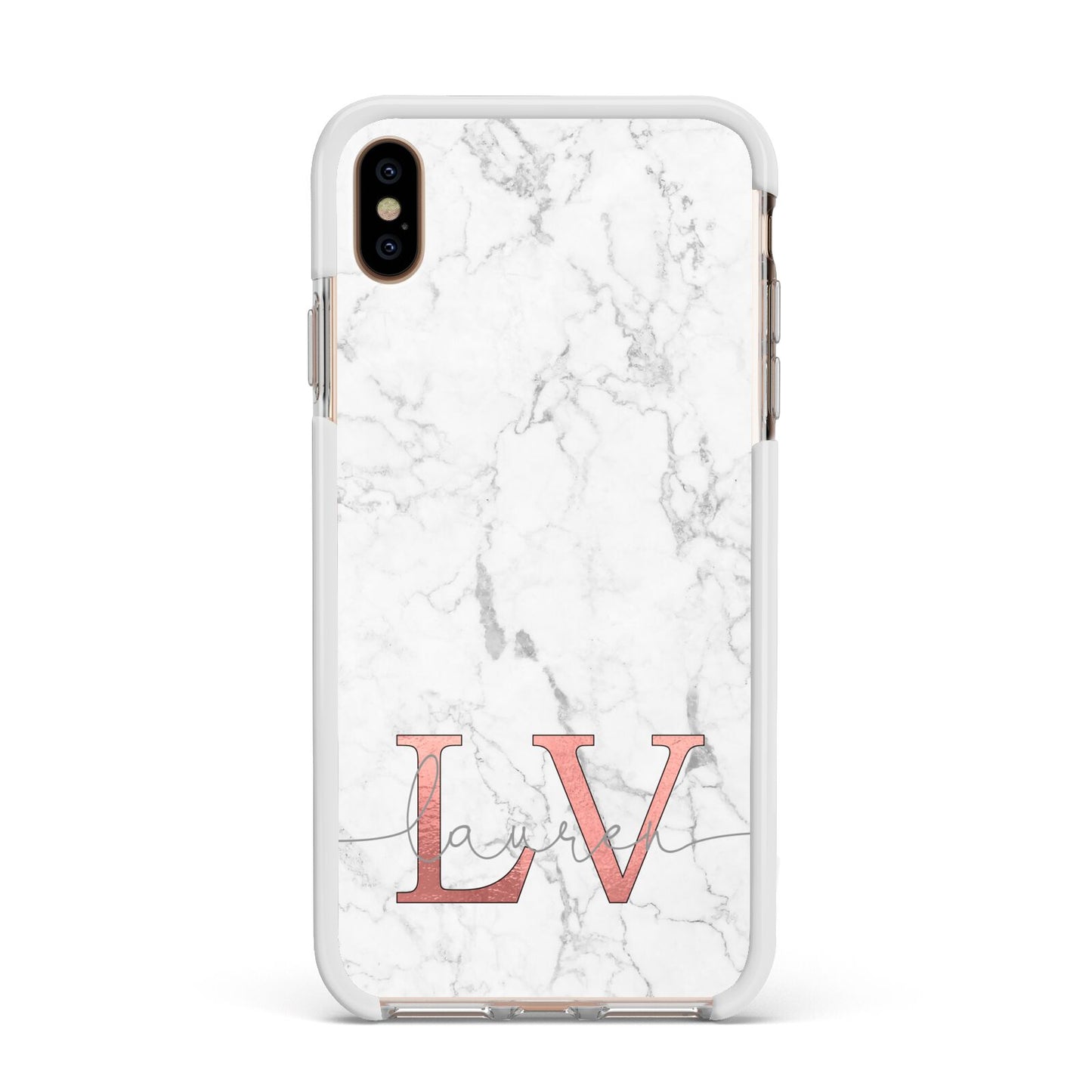 Personalised Marble with Rose Gold Initials Apple iPhone Xs Max Impact Case White Edge on Gold Phone