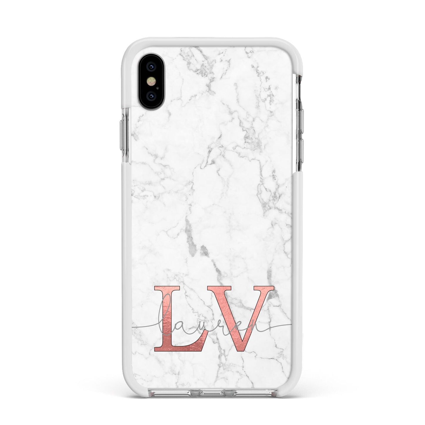 Personalised Marble with Rose Gold Initials Apple iPhone Xs Max Impact Case White Edge on Silver Phone