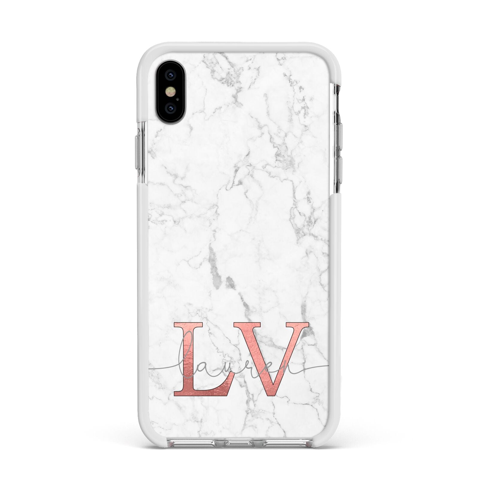 Personalised Marble with Rose Gold Initials Apple iPhone Xs Max Impact Case White Edge on Silver Phone
